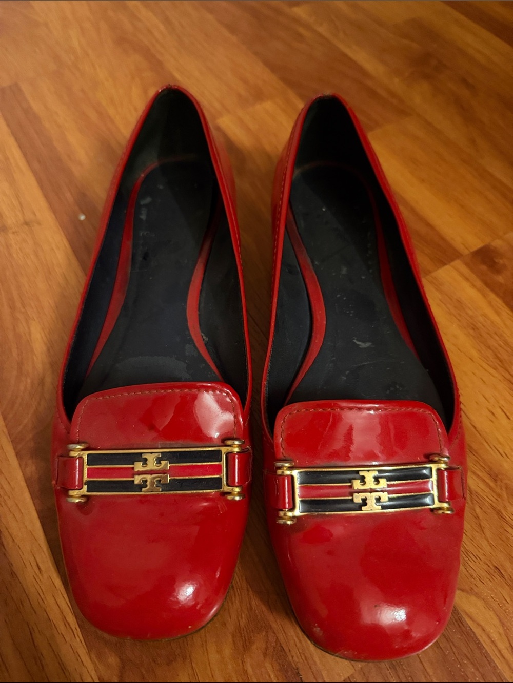 Tory Burch Red Patent Leather Loafers with Gold Logo Trim